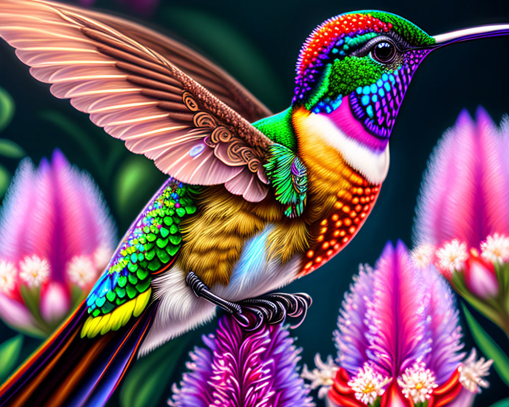 Colorful Hummingbird Perched on Vine Among Exotic Flowers