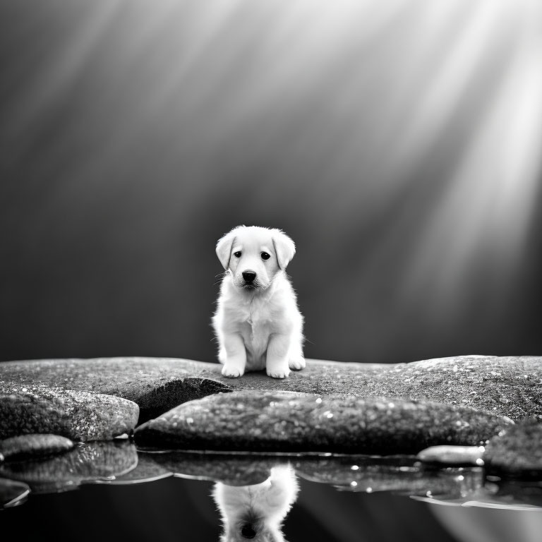 Monochrome image of puppy on rock with reflection and sunbeams