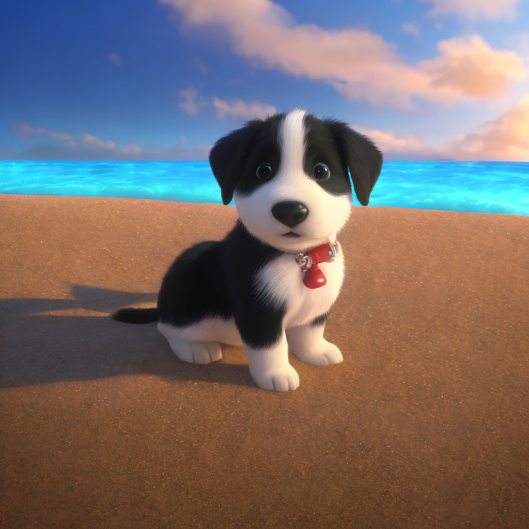 Black and white animated puppy with red collar on sandy beach at sunset