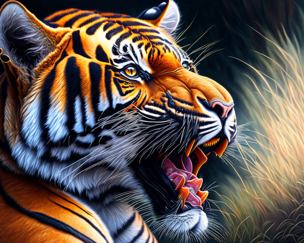 Detailed Tiger Illustration Roaring in Grasses