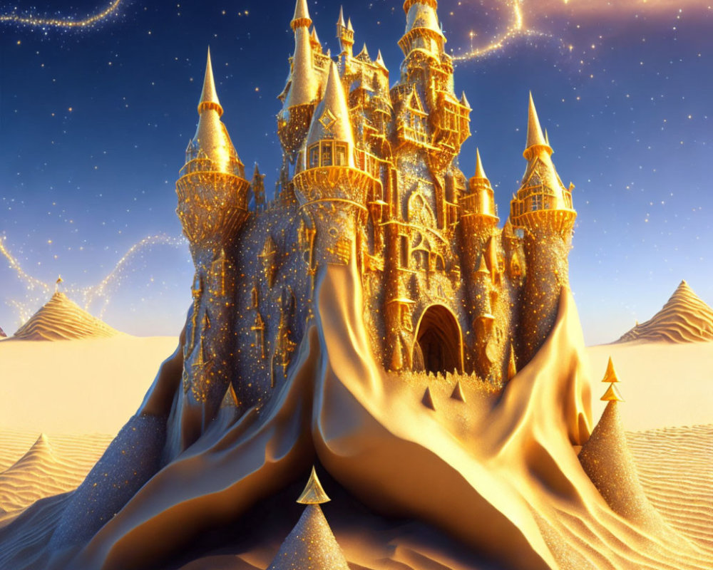 Golden castle with spires on desert dune under starry sky
