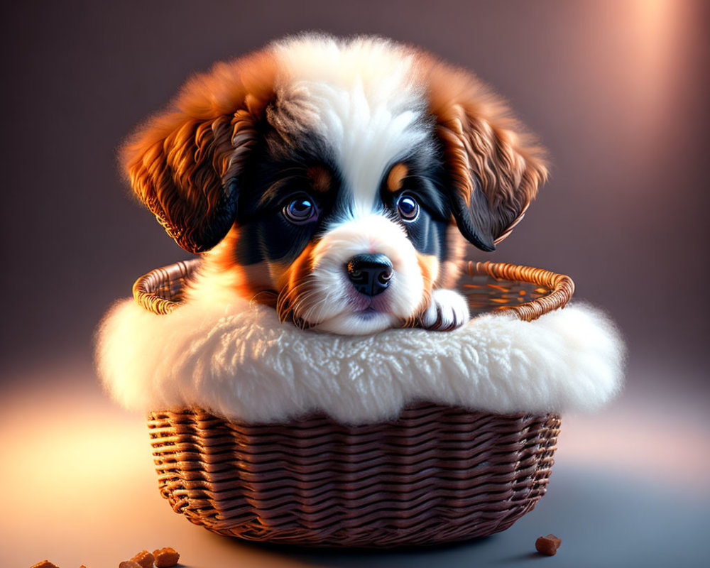 Tricolor puppy in woven basket with kibble and soulful eyes