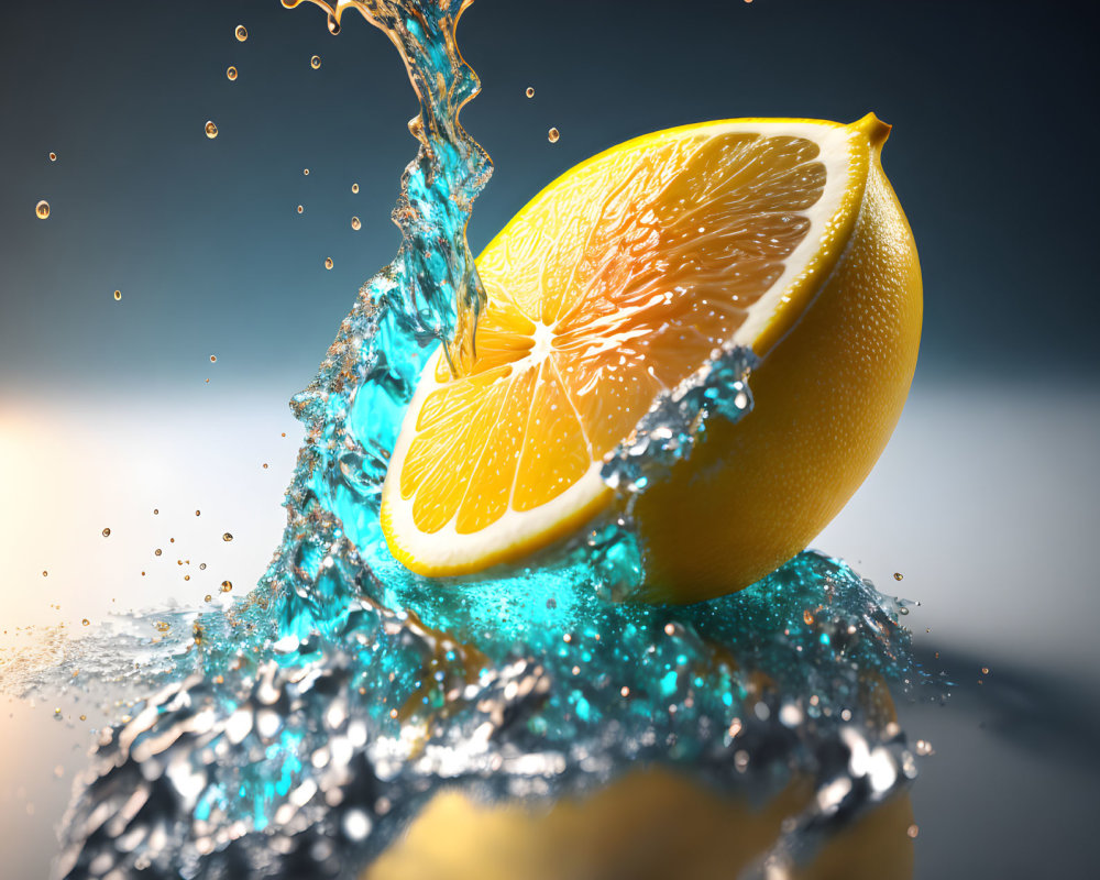 Vibrant lemon half splashes in blue water with dynamic ripples and droplets