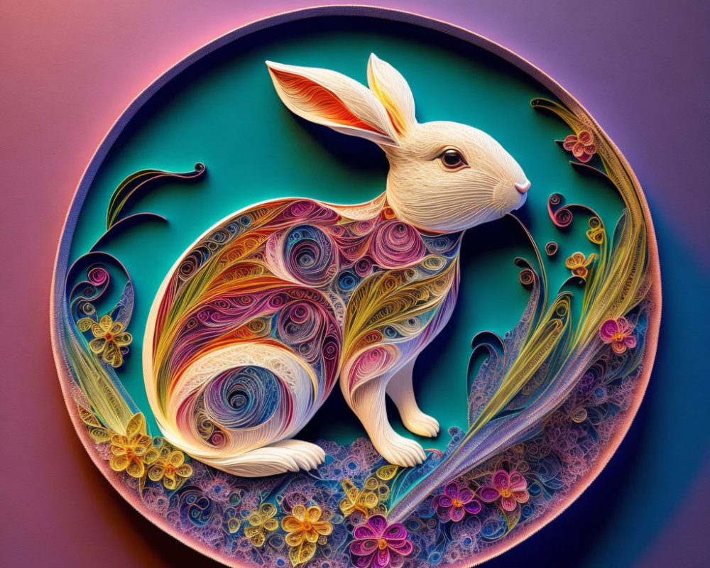 Circular Paper Quilling Artwork: White Rabbit & Floral Patterns on Teal Purple Gradient