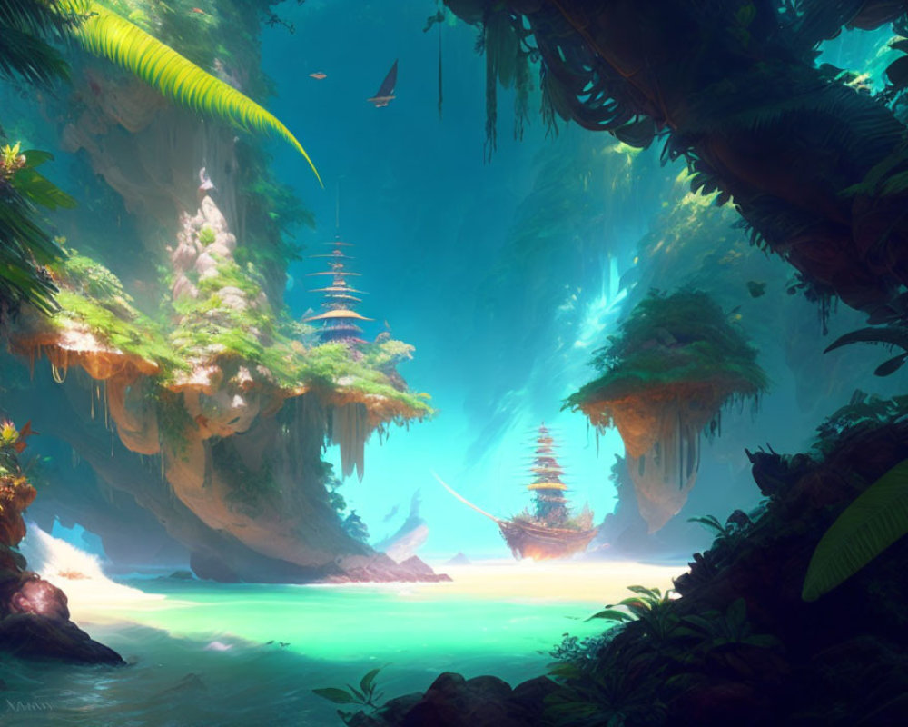 Fantastical jungle with floating islands & glowing river