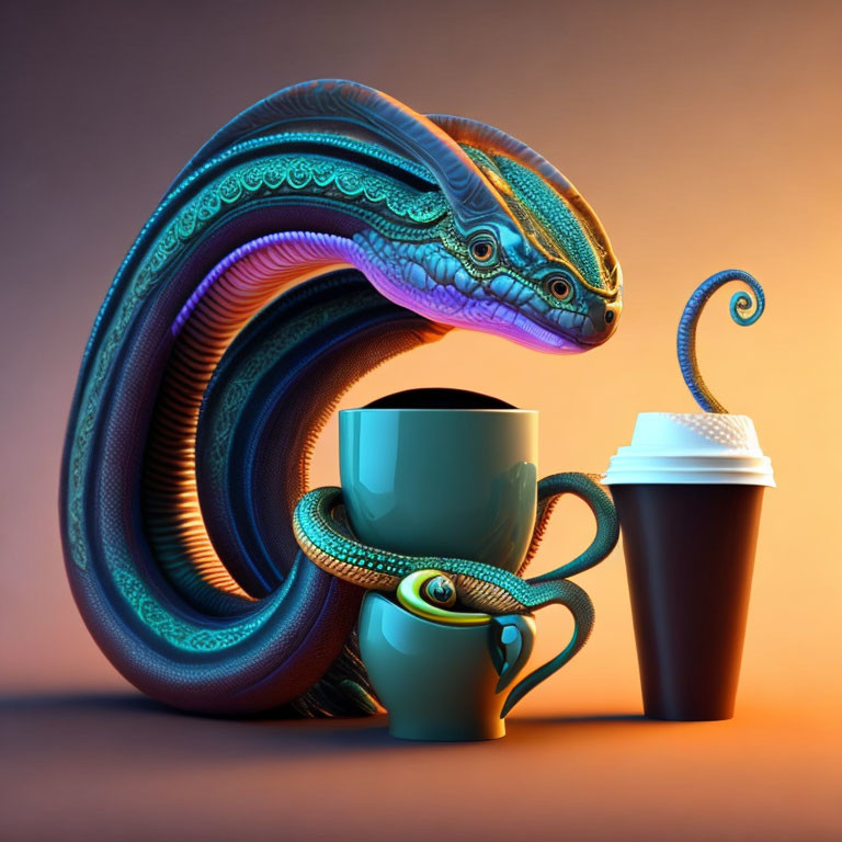 Vibrant serpent design on coffee cups against gradient backdrop