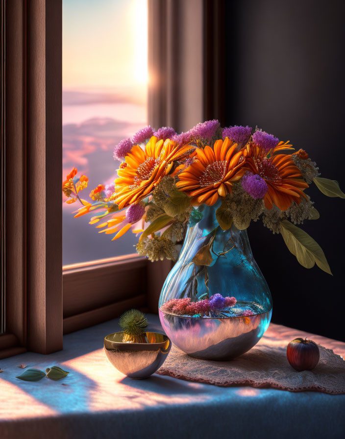 Vibrant orange and purple flowers in a sunset still life.
