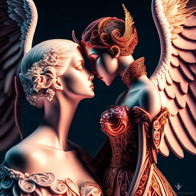 Intricate angelic figures with ornate wings in digital art style