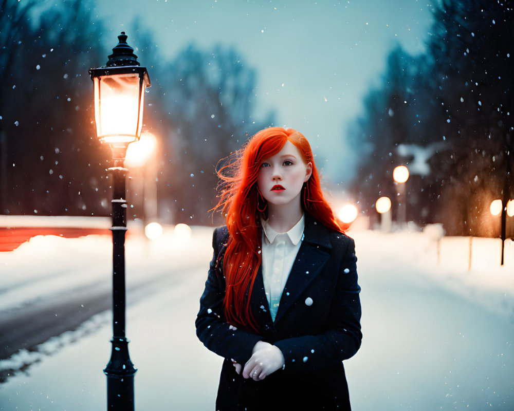 Red-haired woman in snowy twilight scene under streetlamp