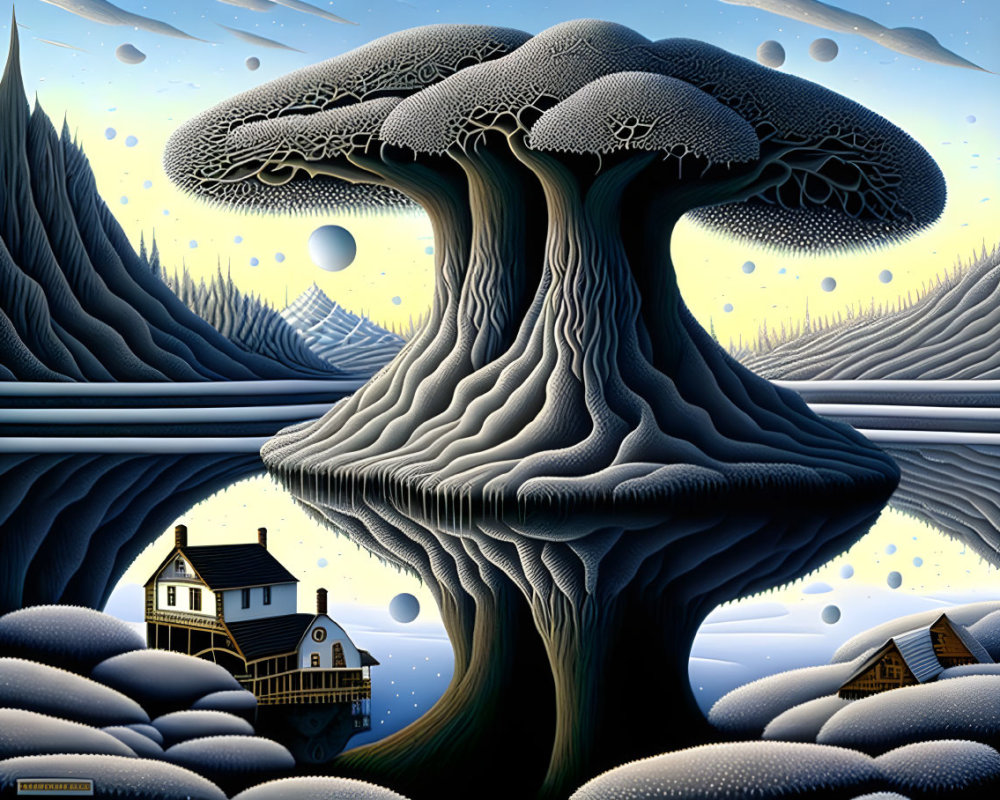 Surreal landscape with massive tree, snowy hills, cottages, and celestial bodies