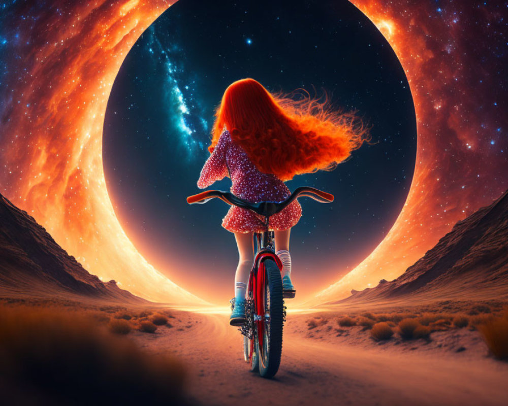 Red-haired girl on bicycle heads to cosmic portal in desert under starry sky