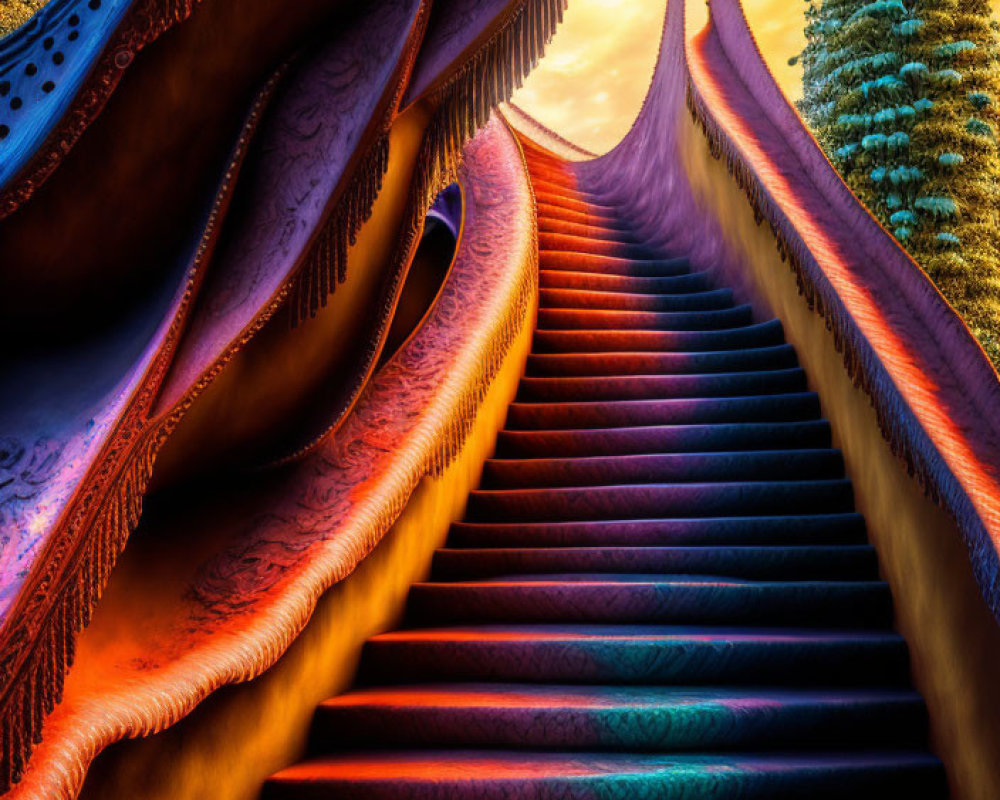 Colorful, intricate staircase against vivid sunset sky and lone tree