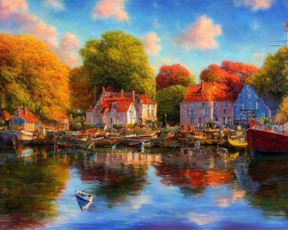 Colorful Riverfront Scene with Boats and Trees