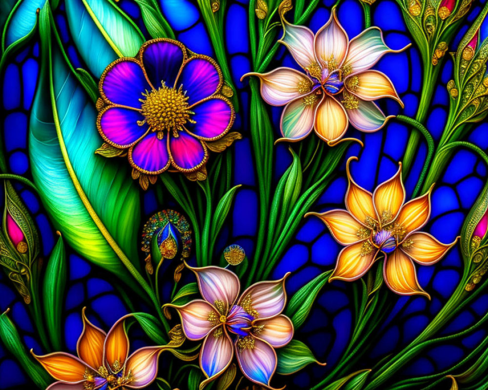 Colorful Flower Stained Glass Illustration on Luminous Blue Background