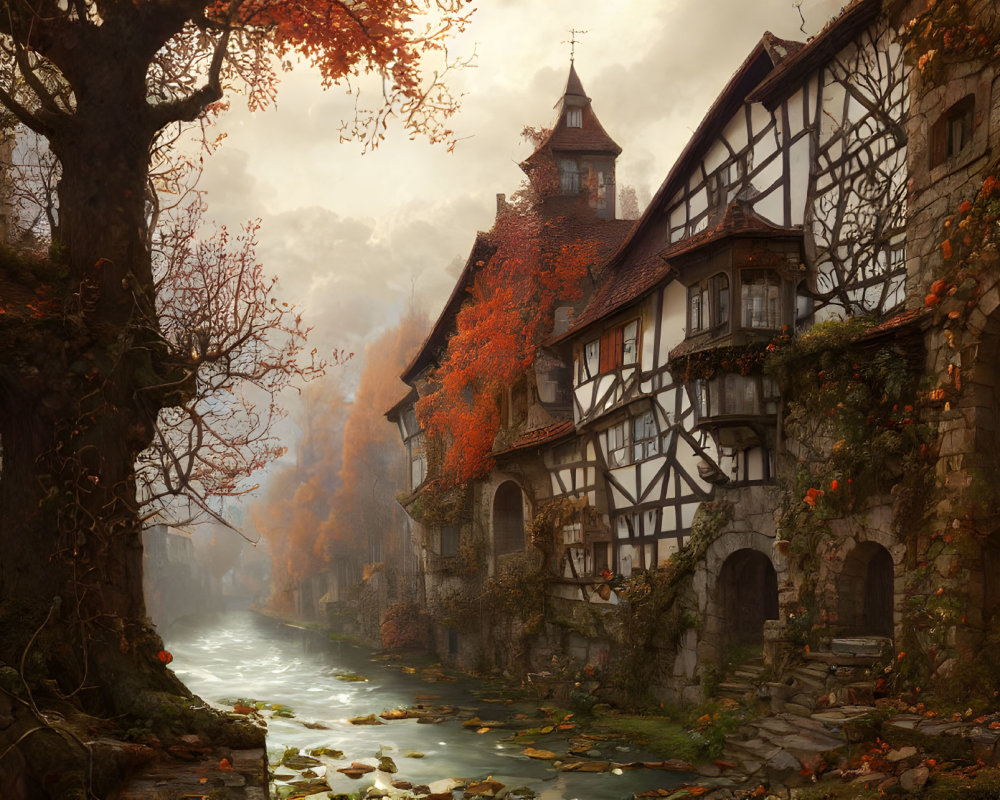 Half-Timbered Building by River Surrounded by Autumn Trees