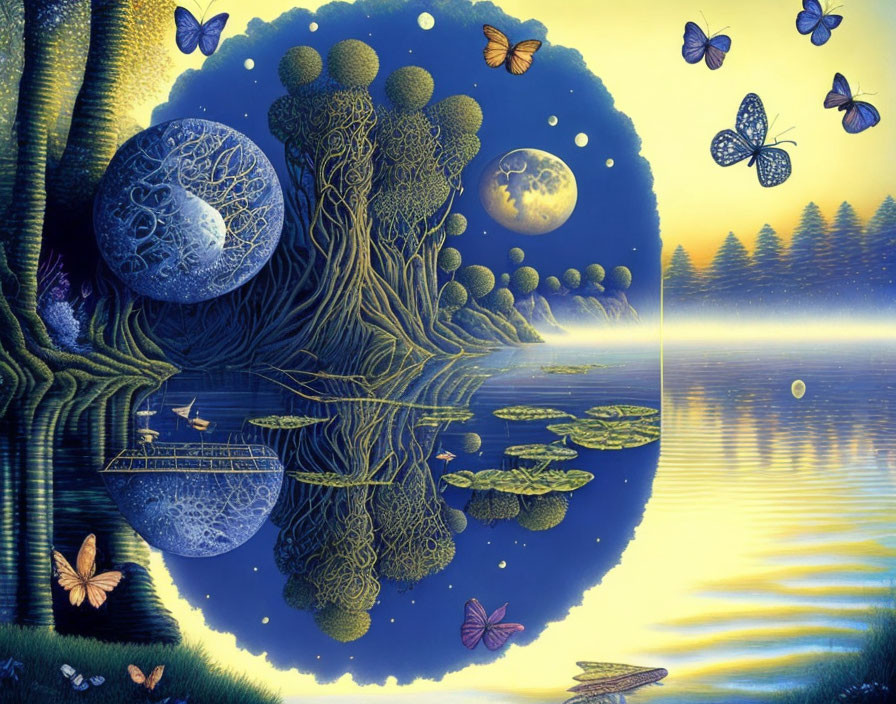 Surreal landscape with trees, butterflies, moon, and starry sky