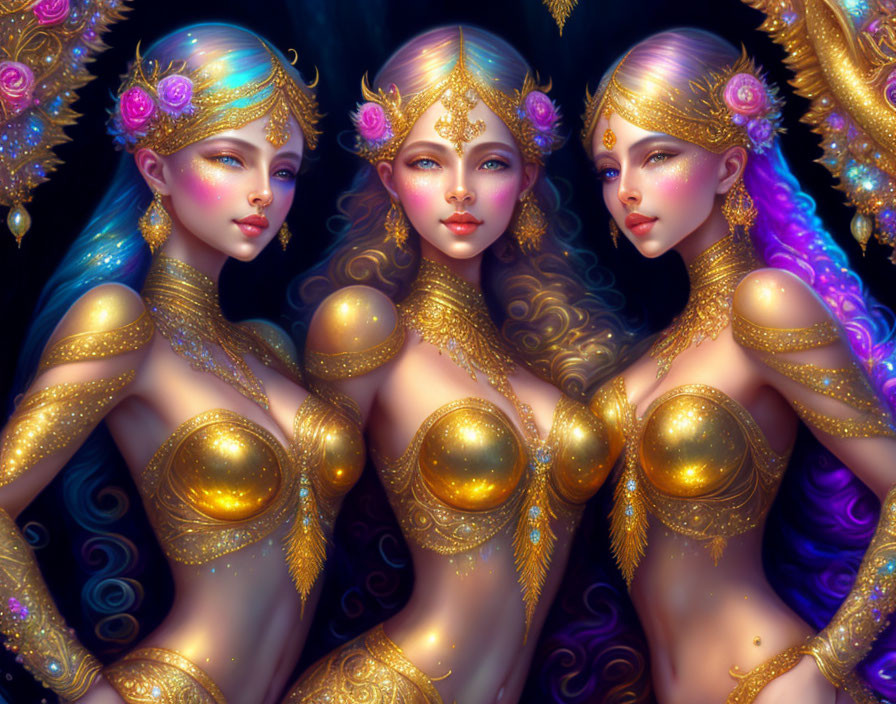 Ethereal female figures with gold jewelry and headdresses on dark background