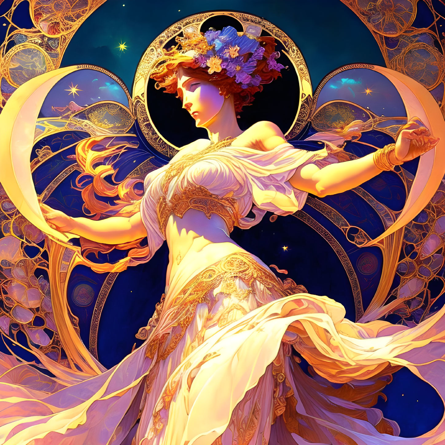 Illustrated woman in flowing dress with crescent moon and stars