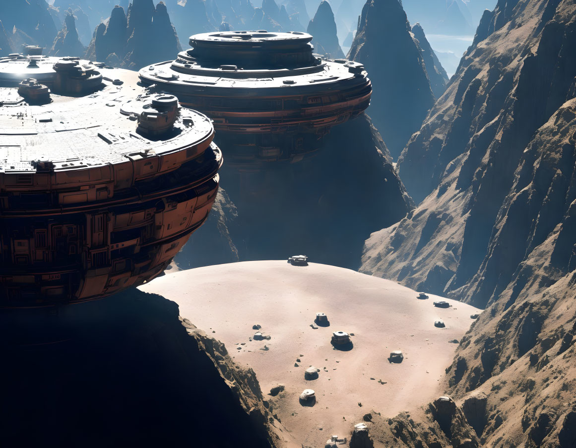 Futuristic spacecrafts above desert valley with cliffs