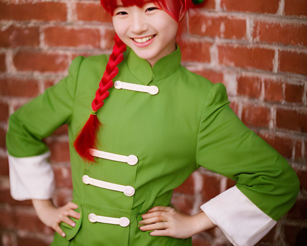 Person in Bright Green Outfit with Red Braid Smiling Against Brick Wall