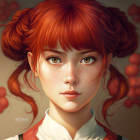Young woman with red hair in buns, white blouse & intense gaze