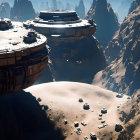 Futuristic spacecrafts above desert valley with cliffs