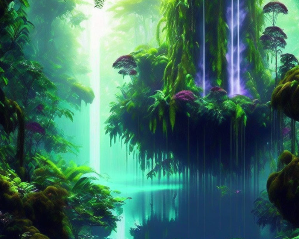 Mystical jungle with lush greenery, waterfall, and serene lake