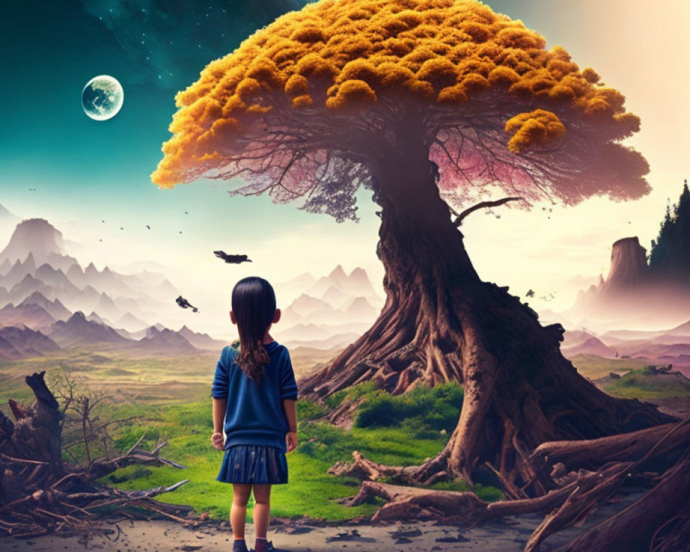Child admires vibrant tree under starry sky with mountains and bird.