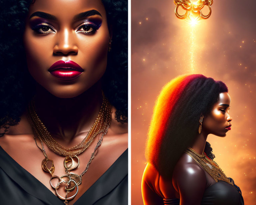Split Image: Woman with Striking Makeup and Gold Jewelry Against Starry and Fiery Backgrounds