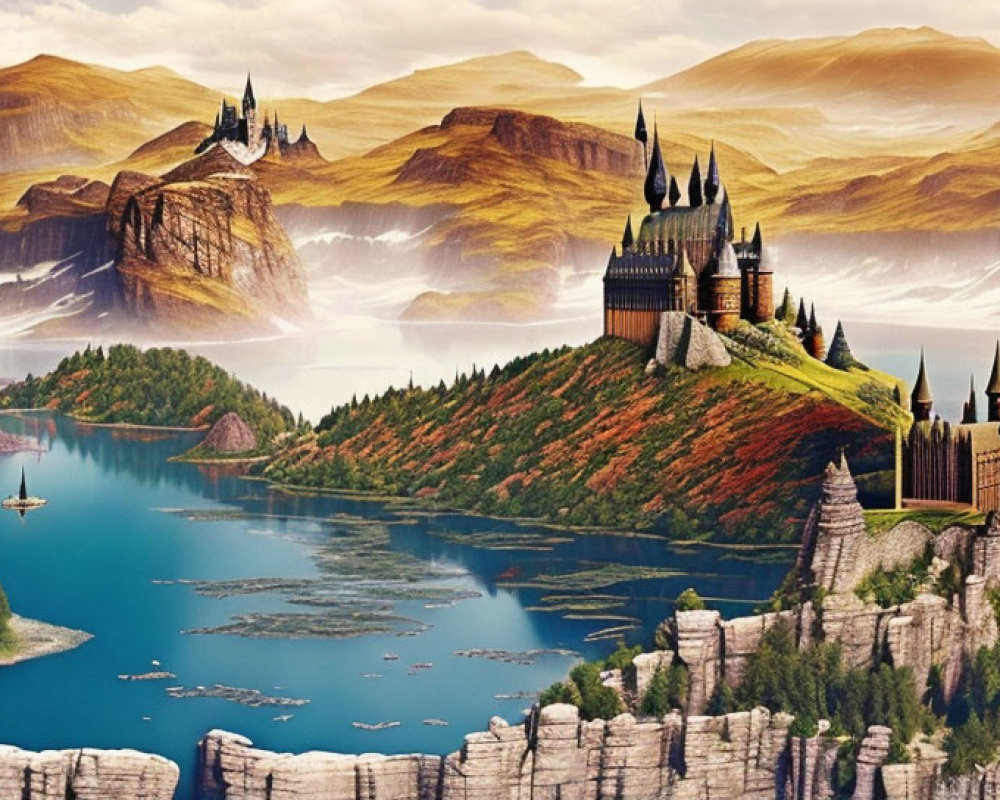Majestic castle in fantastical landscape with cliffs, forests, lakes, mountains, and sailboat