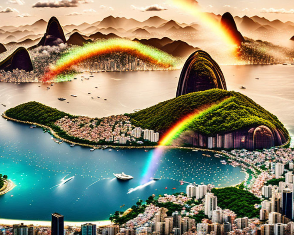 Vibrant rainbow over cityscape and bay in digital art