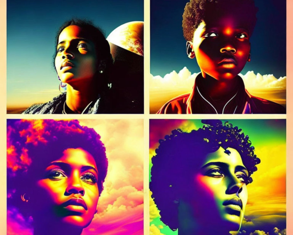 Vividly colored portraits with stylized lighting and striking silhouettes against sunset skies.