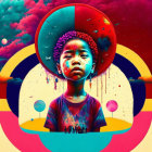 Colorful digital art: Child with cosmic backdrop & surreal headdress.