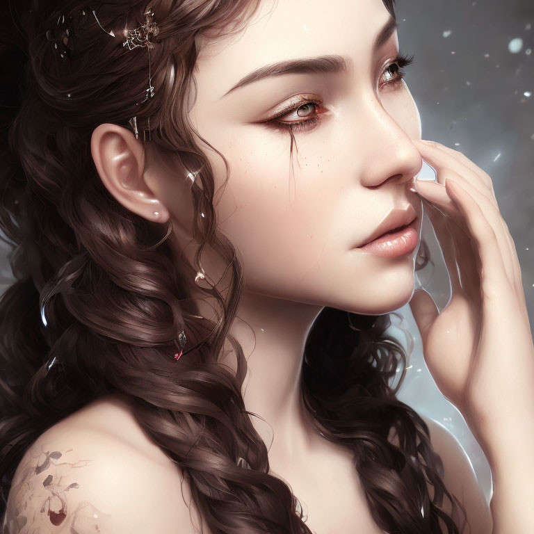 Digital artwork featuring woman with wavy brown hair, adorned with flowers, touching face gently.