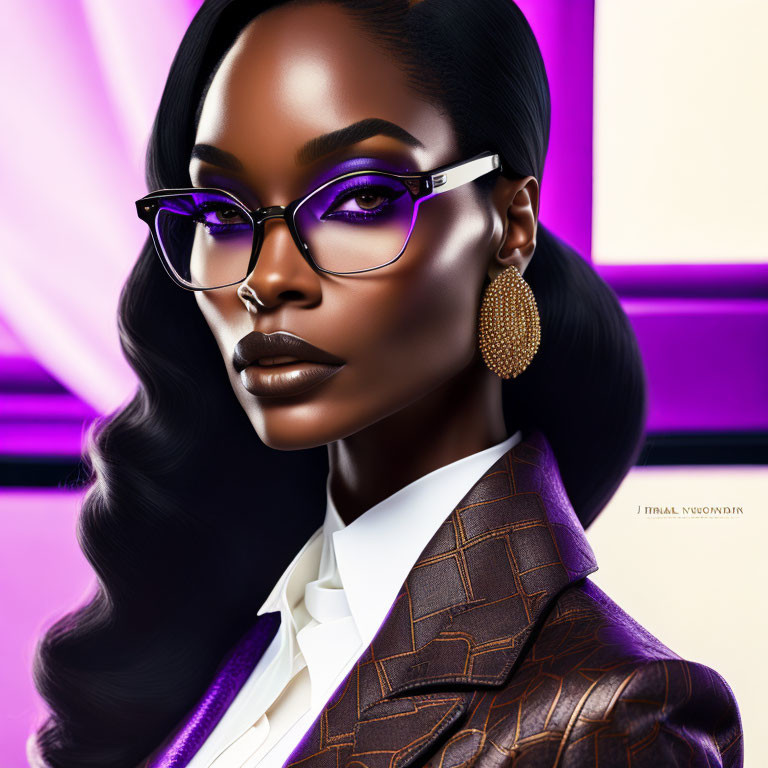 Portrait of woman with dark skin, stylish glasses, hoop earrings, brown blazer & white shirt