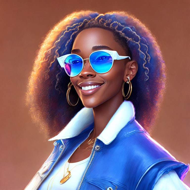 Smiling woman with curly hair in blue sunglasses and jacket
