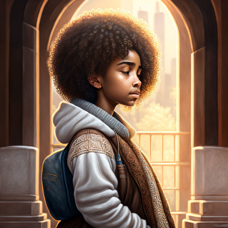 Young person with curly afro silhouette in hoodie and backpack in warm architectural setting