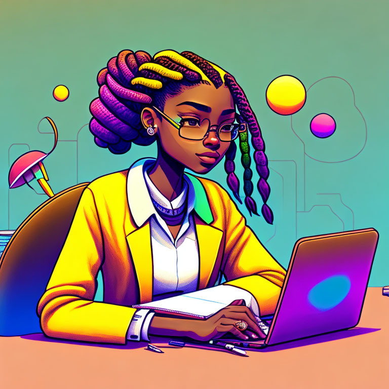 Focused woman with braided hair working on laptop in vivid colors