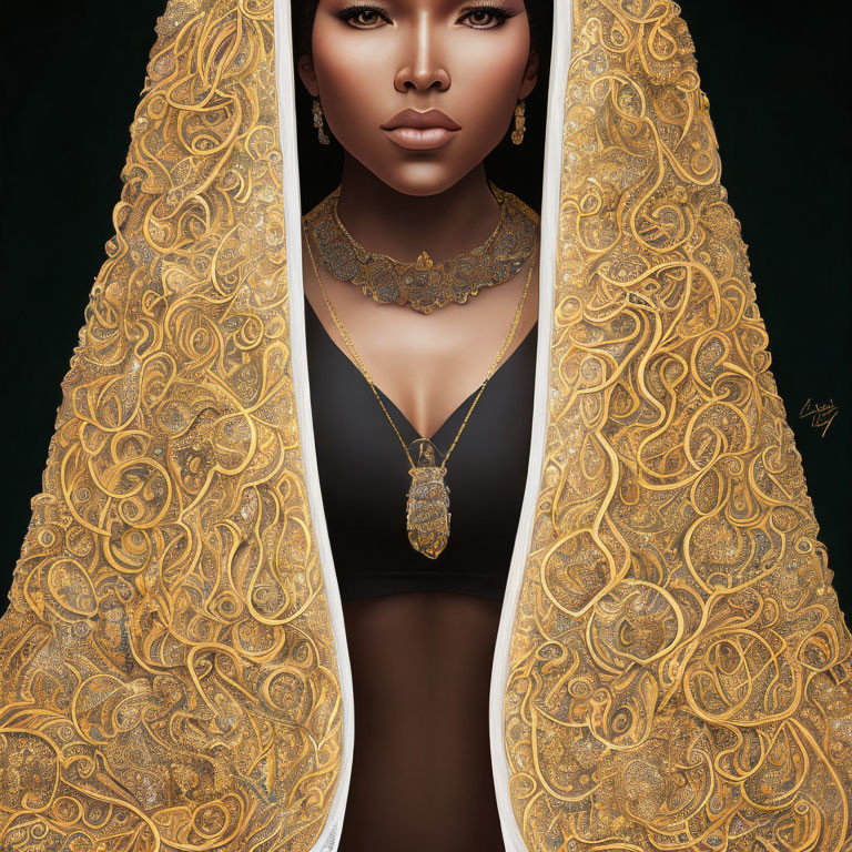 Detailed digital portrait of woman in gold-patterned cloak with brown eyes.