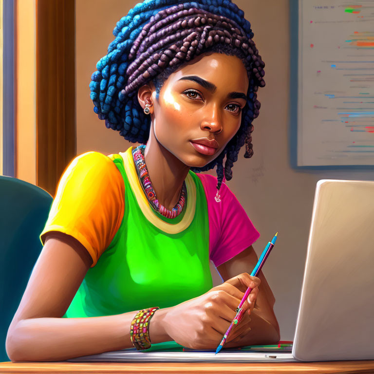 Digital illustration of focused young woman with blue braided hair working at desk with laptop, holding pen,