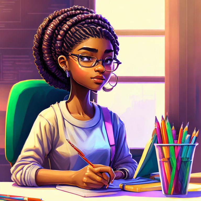 Young woman with braided hair and glasses writing at desk in warmly lit room