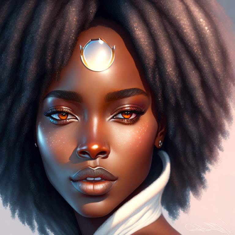 Portrait of woman with dark skin, striking eyes, and moon-shaped forehead jewelry.