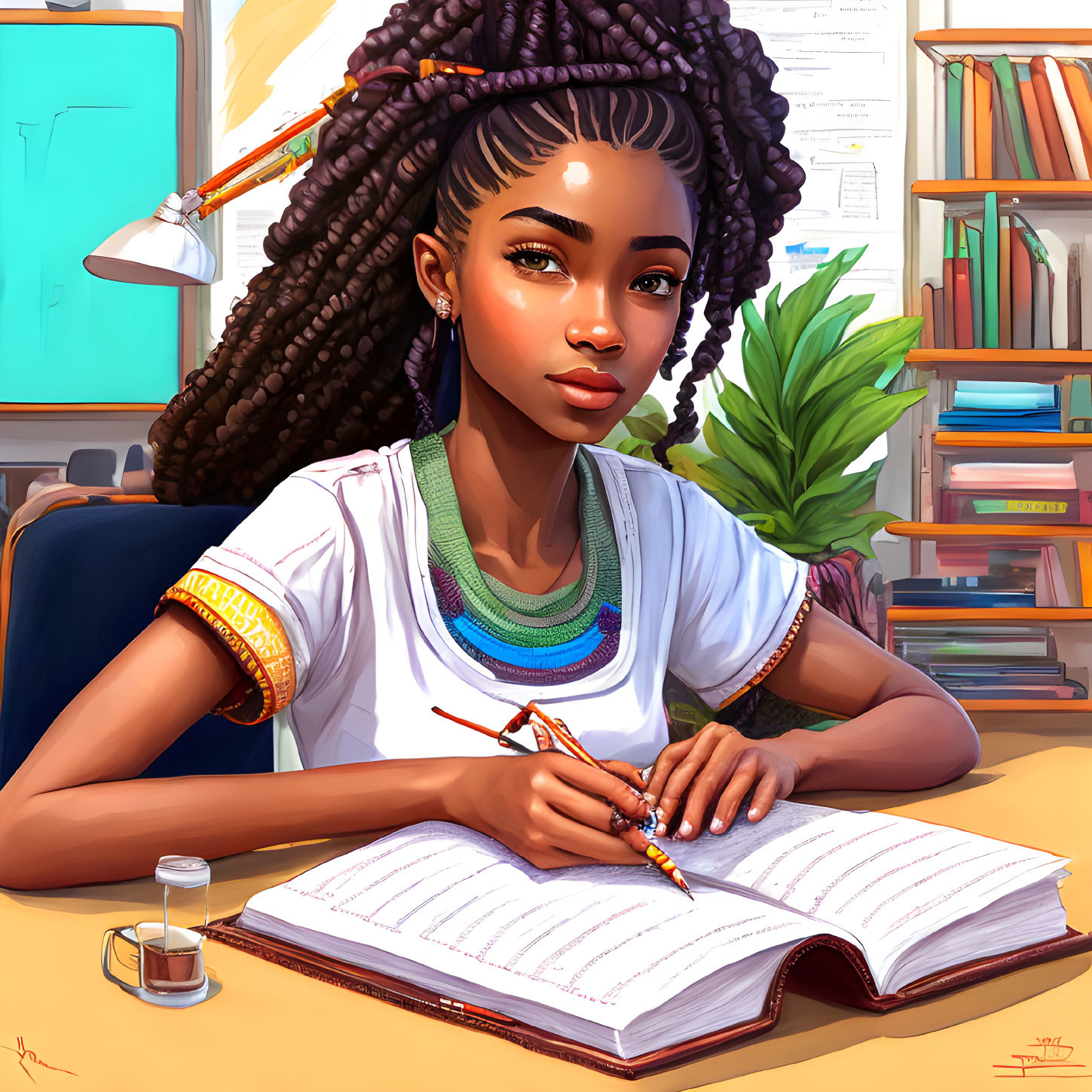 Young woman with braided hair writing at desk surrounded by books and plant