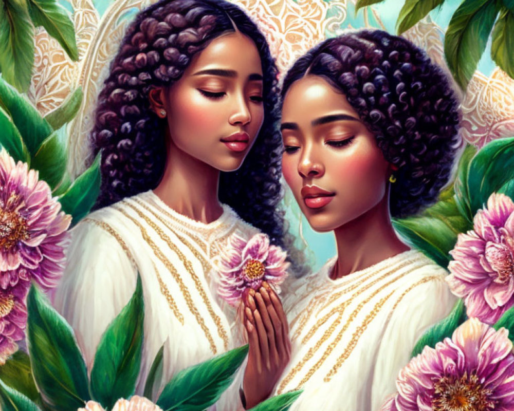 Digital Painting: Twin Women with Braided Hair in White and Gold Outfits