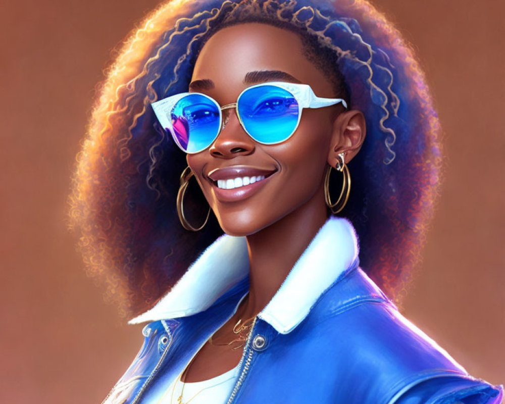Smiling woman with curly hair in blue sunglasses and jacket