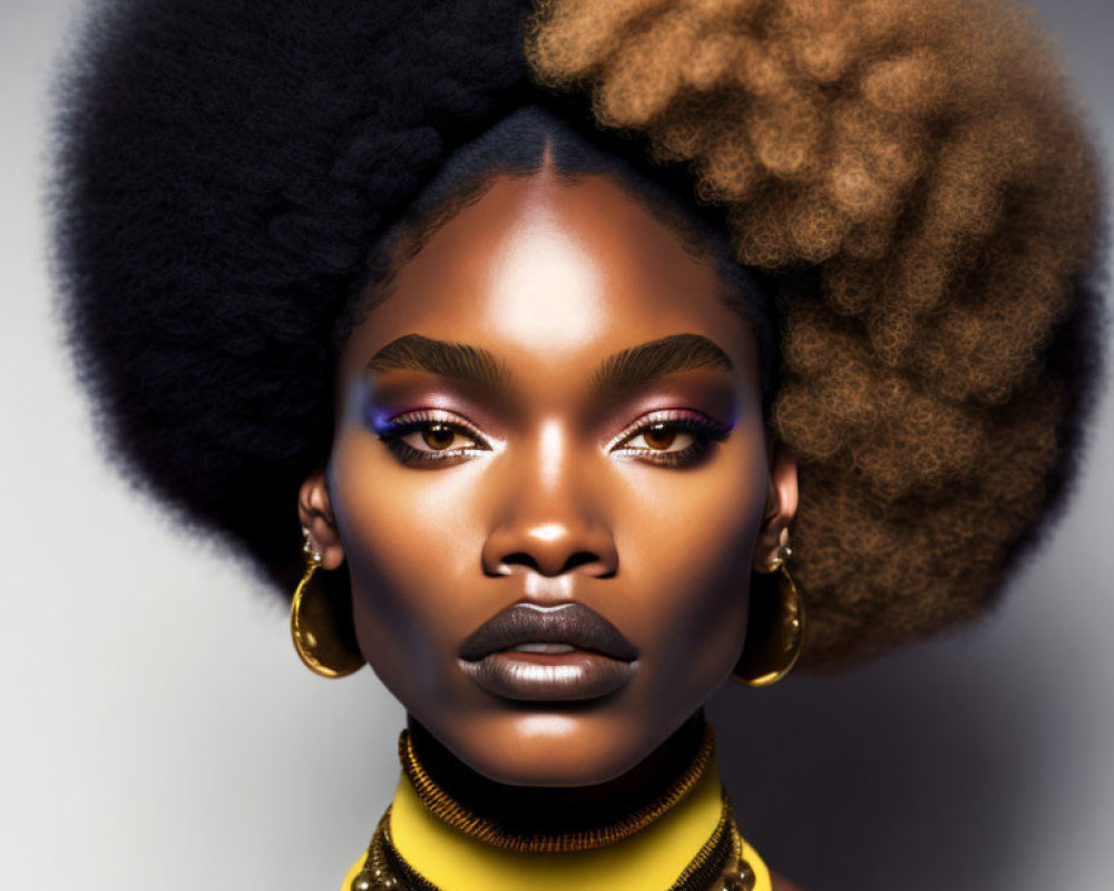 Striking makeup and voluminous afro with gold jewelry on woman