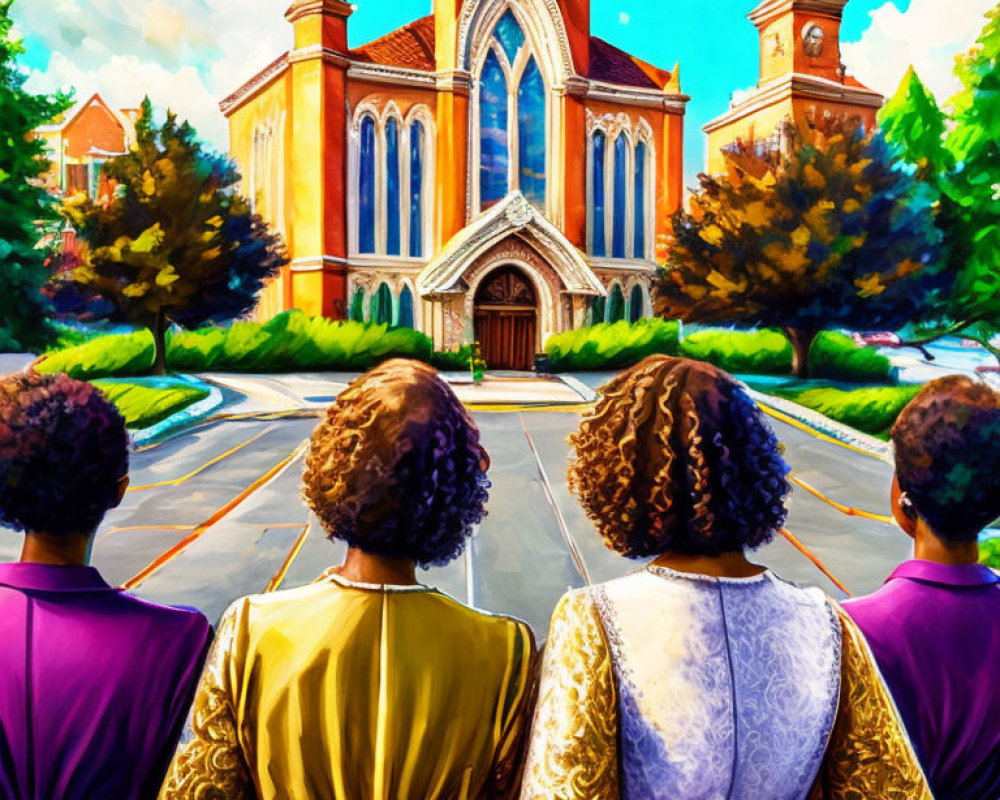 Three people facing vibrant church with stained glass window and spires.