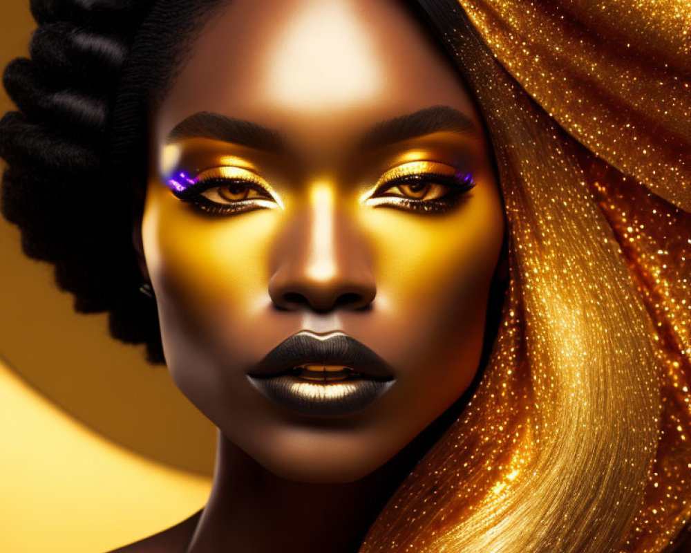 Woman with Striking Golden Makeup and Black Lipstick Portrait