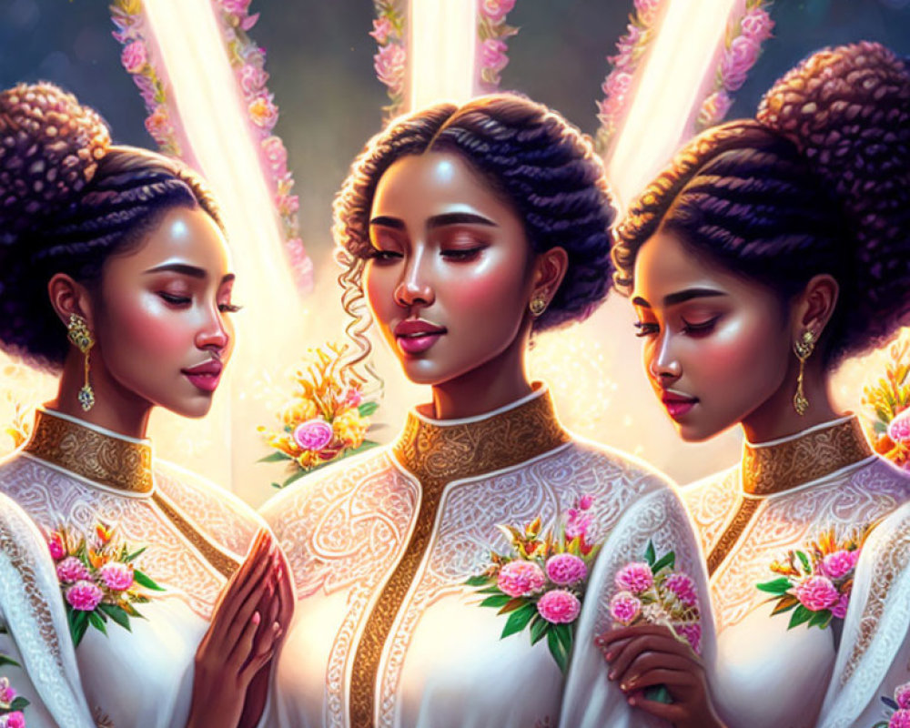 Three Women in White Dresses with Ornate Hairstyles and Pink Flowers Among Glowing Light and Blossoms