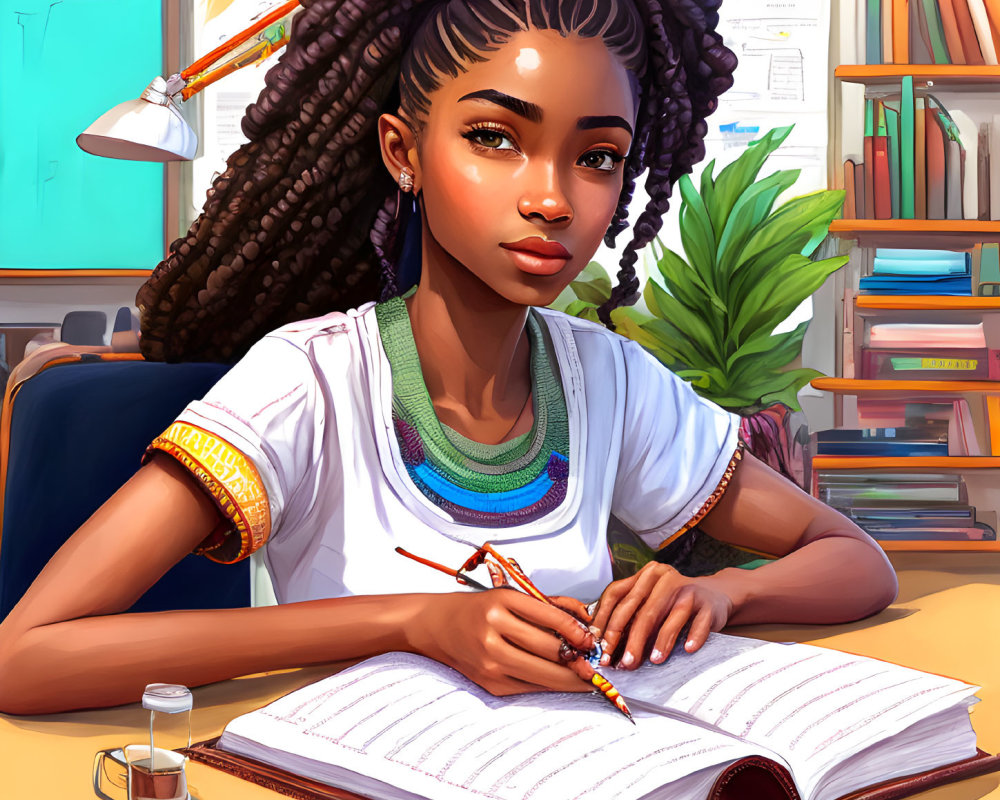 Young woman with braided hair writing at desk surrounded by books and plant